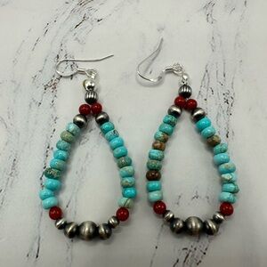 Turquoise, Coral and Silver Beaded Earrings